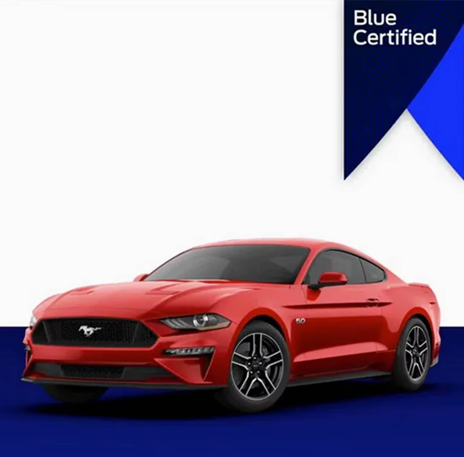 Ford Blue Advantage Blue Certified badge above a red Ford Mustang