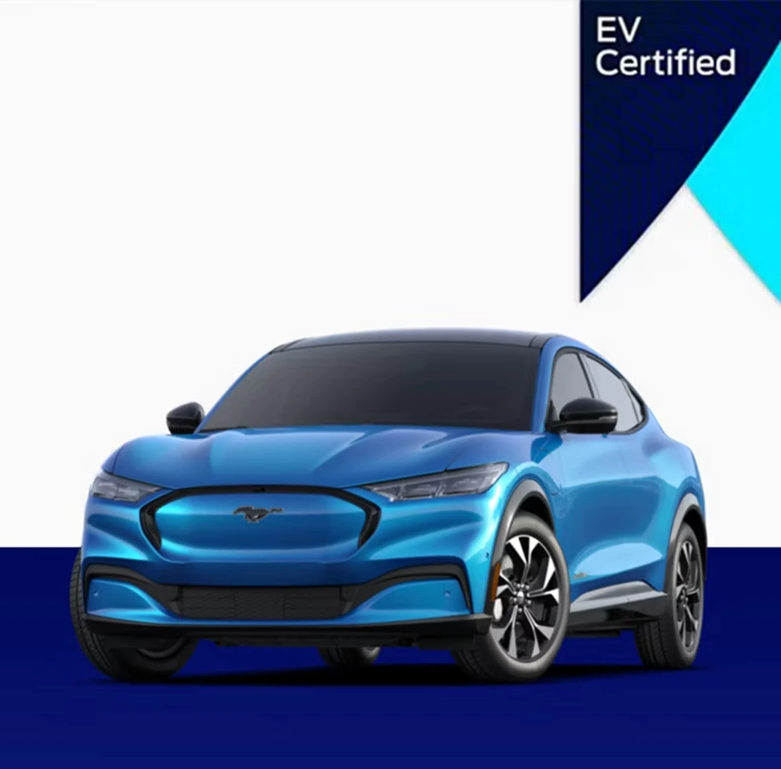 Ford Blue Advantage EV Certified badge above a blue Ford Mustang Mach-E