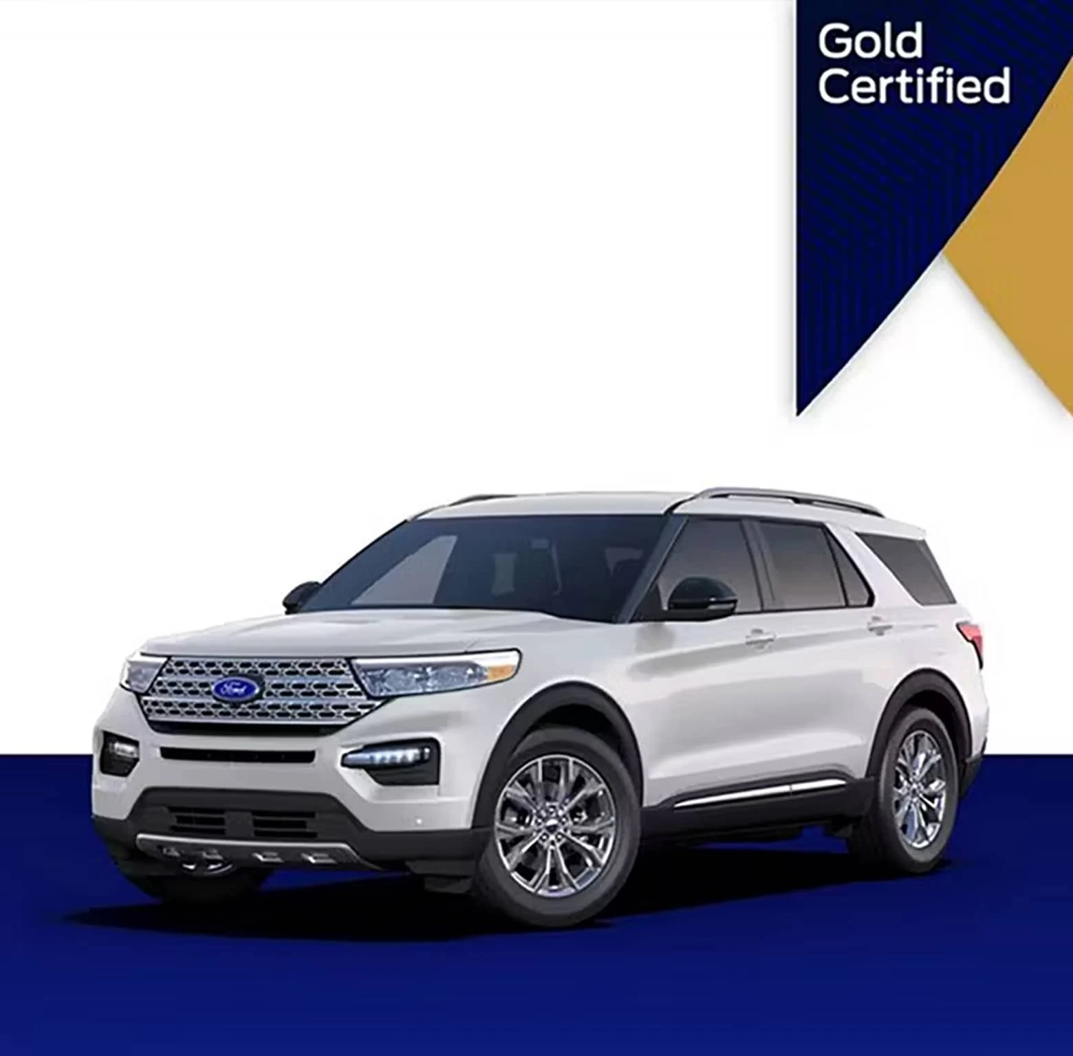 Ford Blue Advantage Gold Certified badge above a white Ford Explorer
