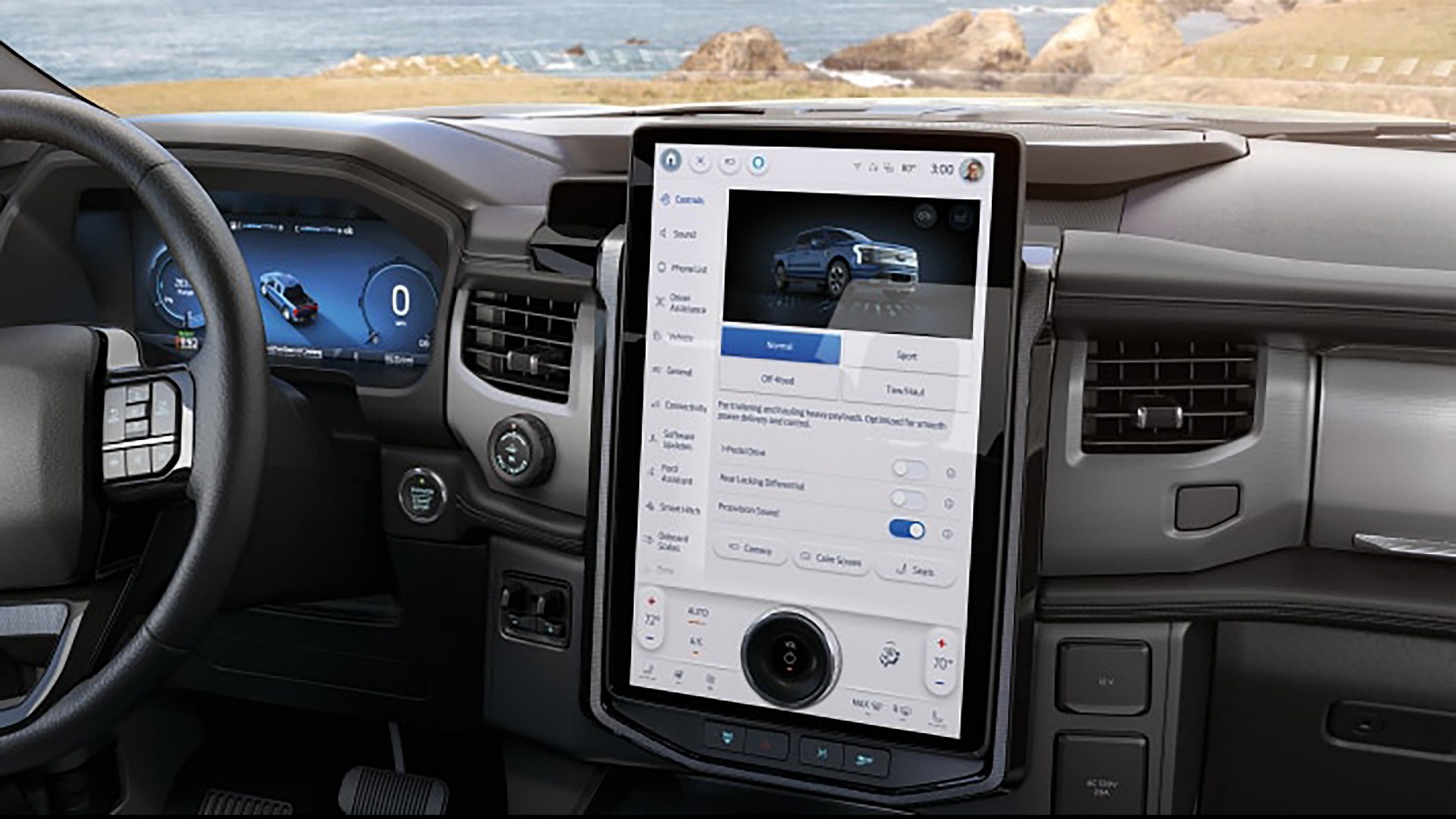 The Ford F-150 Lightning dashboard seen from the driver's seat, with a digital instrument cluster on the left and a tall portrait touchscreen showing a vehicle settings menu