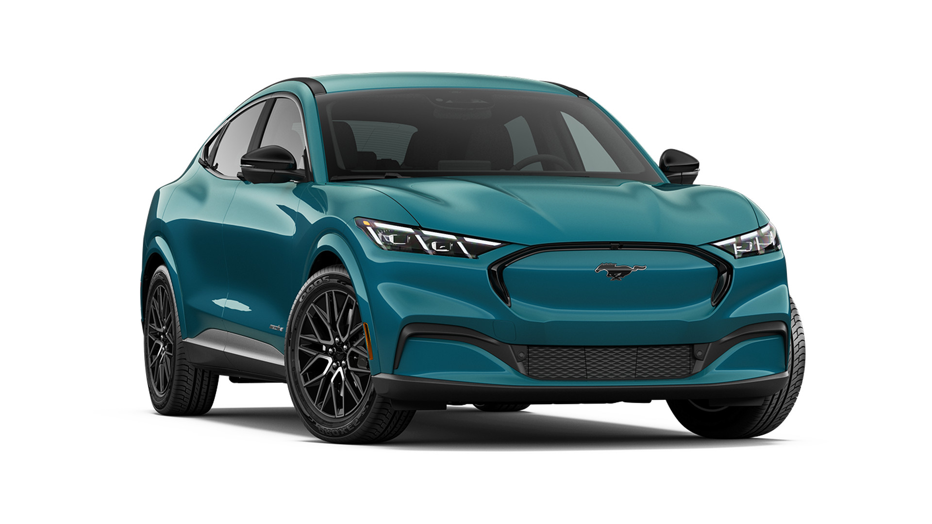 A 2026 Ford Mustang Mach-E Premium in Adriatic Blue Metallic, front three-quarter studio render, body-color grille shield and gloss-black multi-spoke wheels