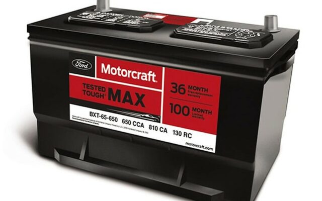 A Motorcraft Tested Tough MAX battery, its case marked 36 month and 100 month