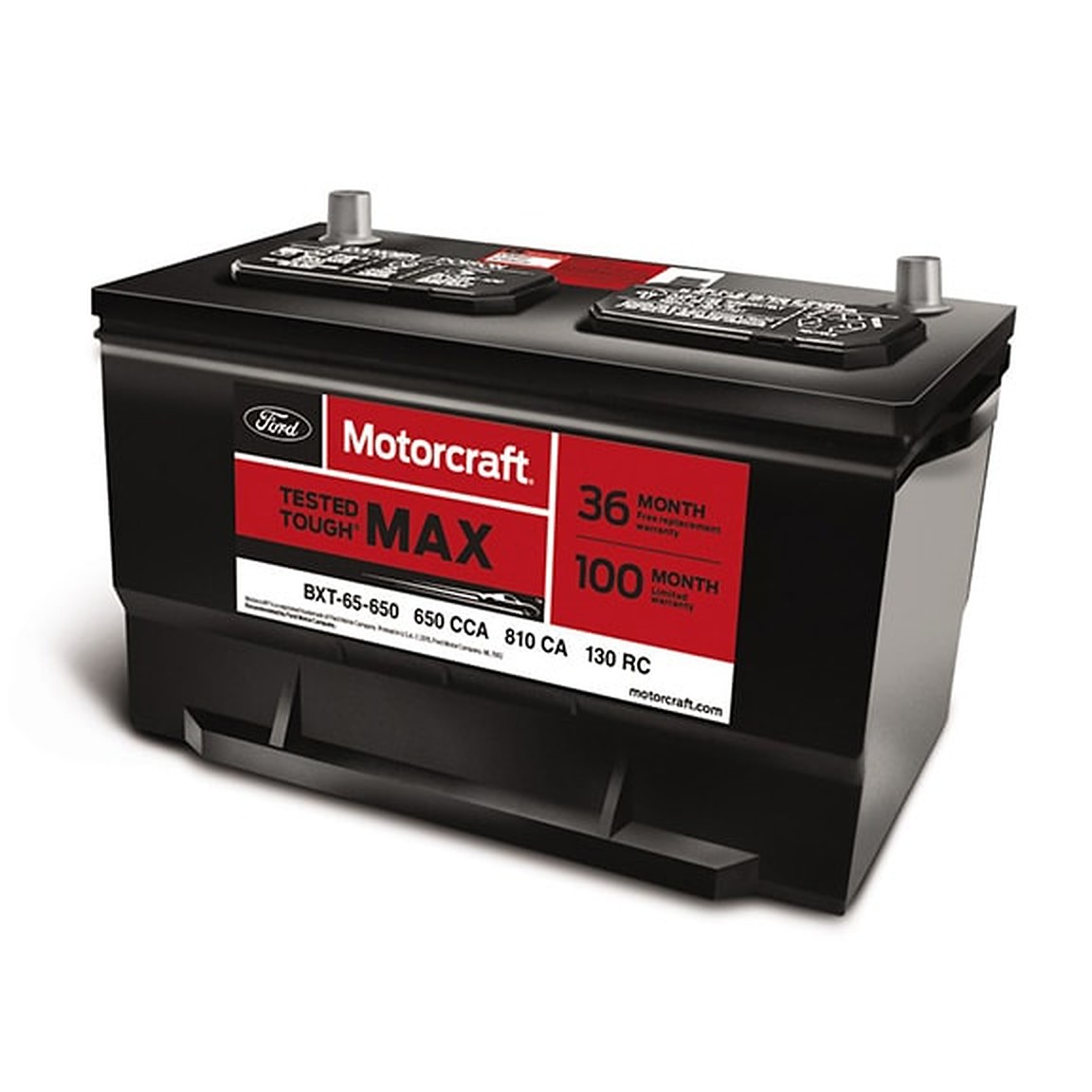 A Motorcraft Tested Tough MAX battery, its case marked 36 month and 100 month