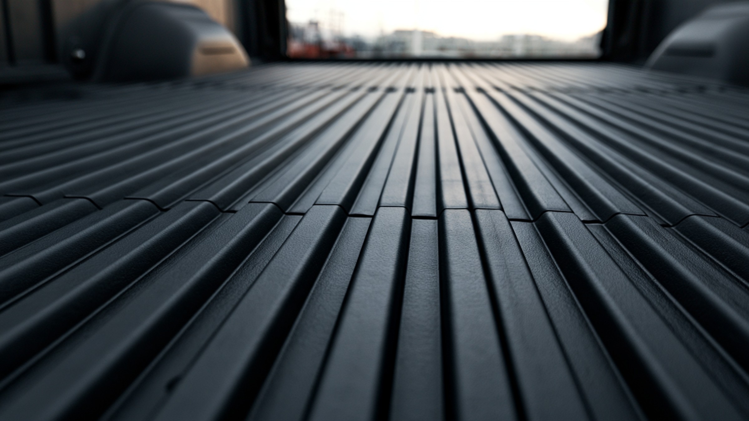 Close view of a black ribbed bed liner running the length of an empty pickup truck bed toward the open tailgate