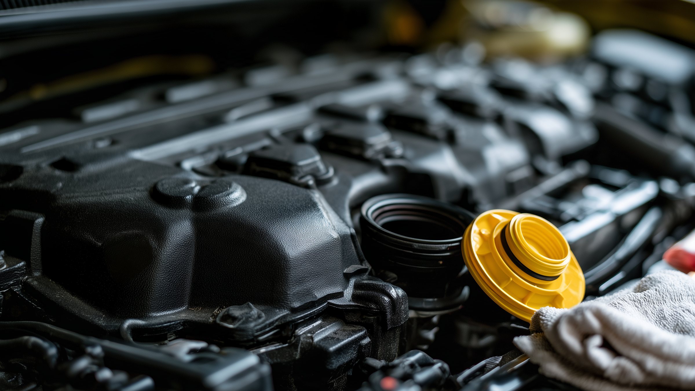 An engine bay with the oil filler cap unscrewed and set down beside the open filler neck