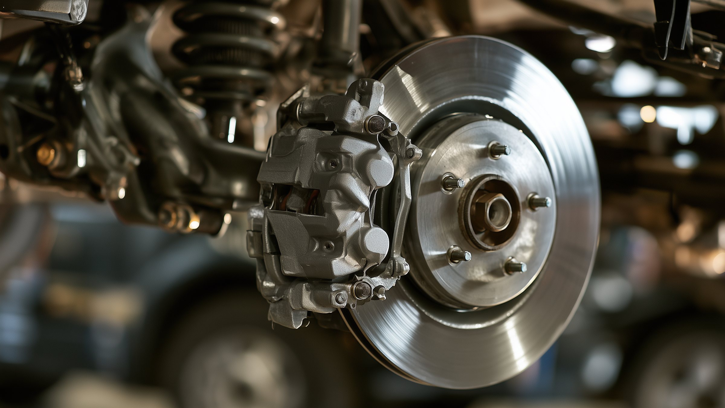 A brake rotor and caliper on a wheel hub, photographed with the wheel removed