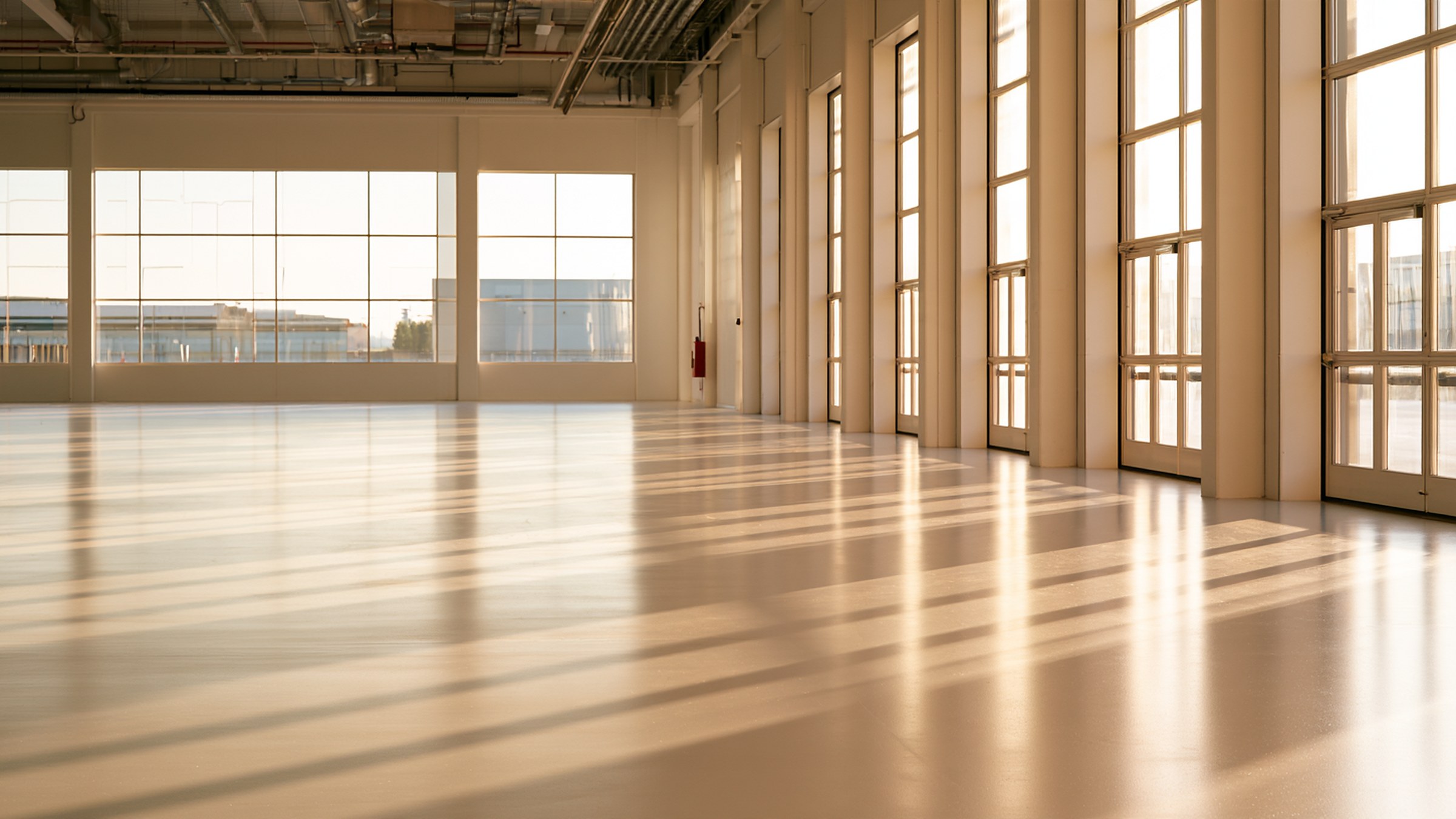 Morning sun falling across the polished floor of an empty service lane